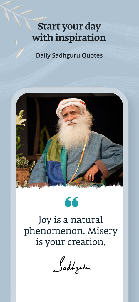 Sadhguru app screen showing a daily inspirational quote for mental well-being