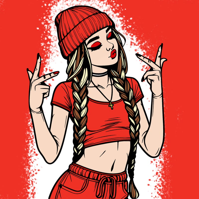 realistic teenage girl with braids and a beanie and crop top doing 🫶🏼