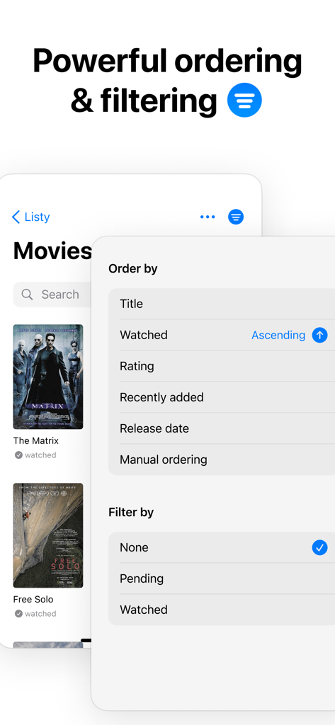 Listy app interface showing movie watchlist with ordering and filtering options