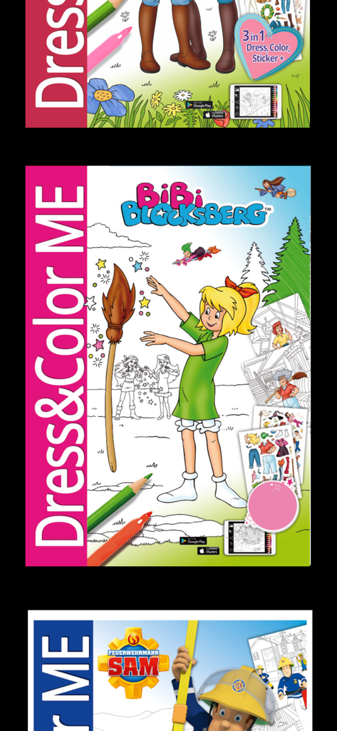 Dress and Color Me - Dress and Color Meアプリのスクリーンショット。ビビ・ブロックスバーグと消防士サムのお絵かきページが表示されています。