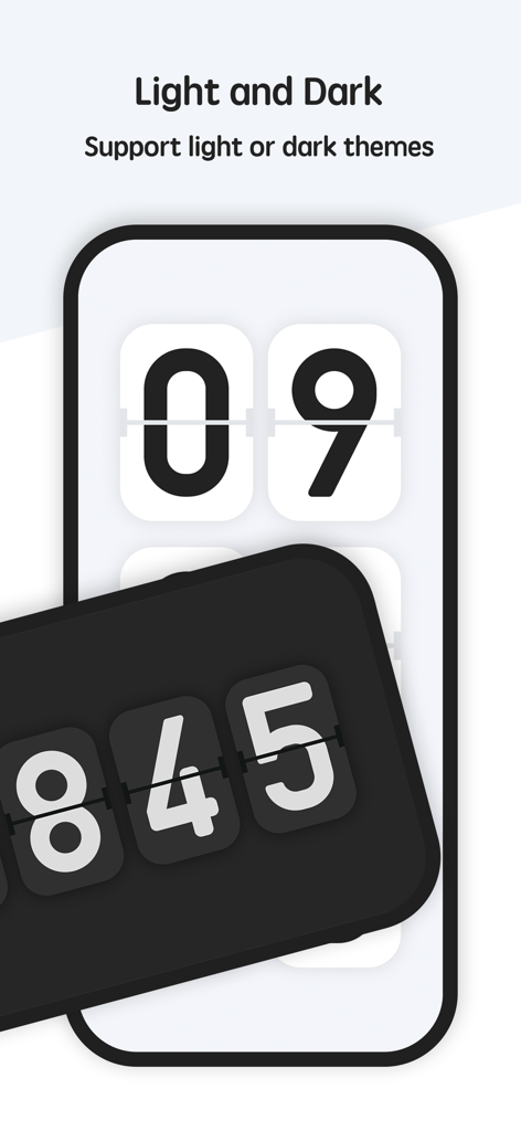 Flip clock & clock widget - Minimalist flip clock app interface showing light and dark theme options