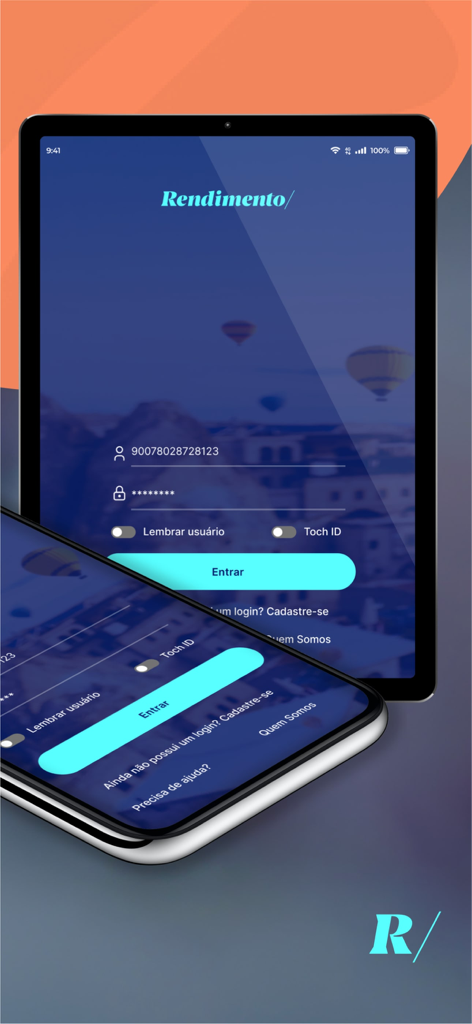 Rendimento VTM - Tela de login do aplicativo móvel Rendimento VTM em um tablet e smartphone.