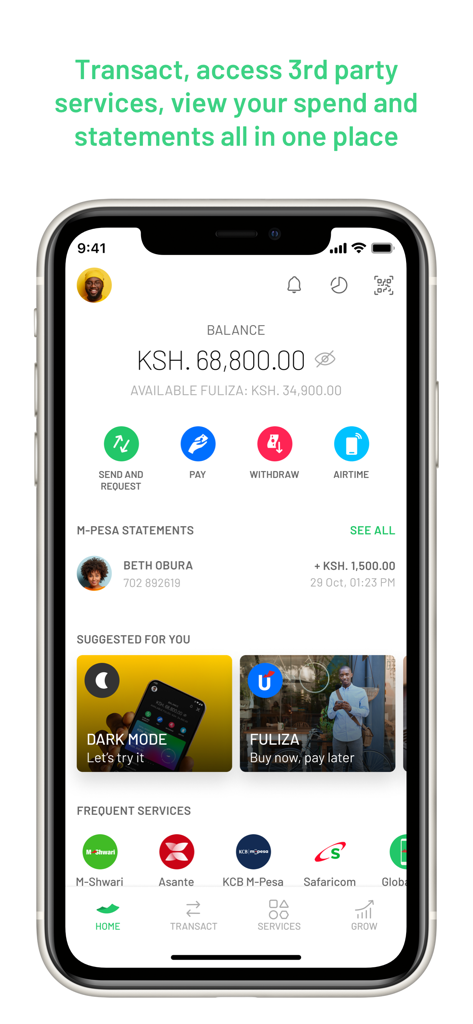 Pantalla de inicio de la app móvil M-PESA mostrando el saldo de la cuenta en chelines kenianos y opciones de transacción como enviar y pagar.