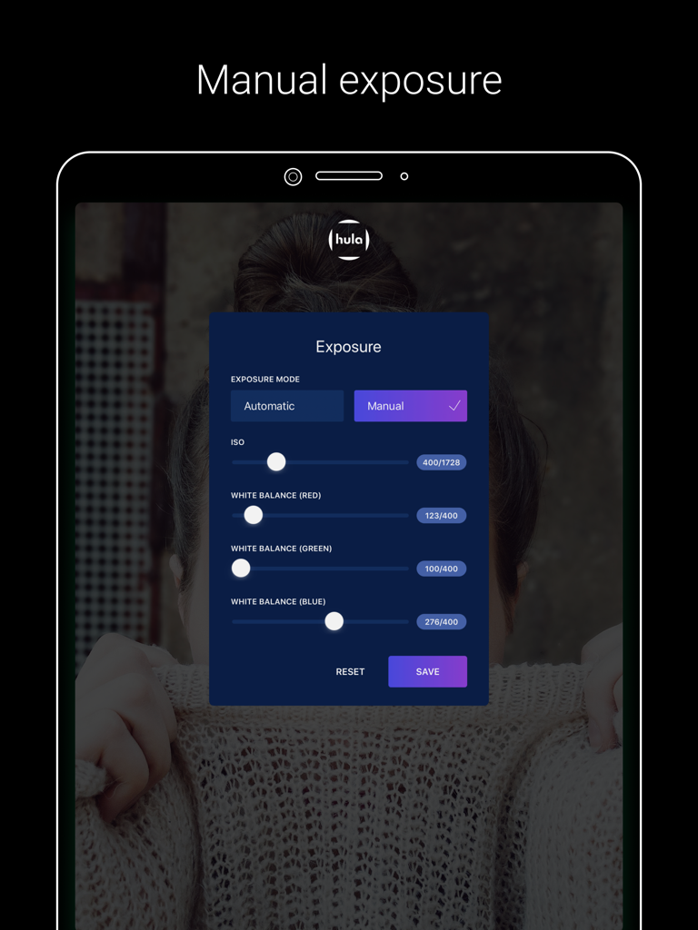 Darkroom Booth - Oberfläche für manuelle Belichtungs- und Weißabgleichseinstellungen in der Darkroom Booth iPad App