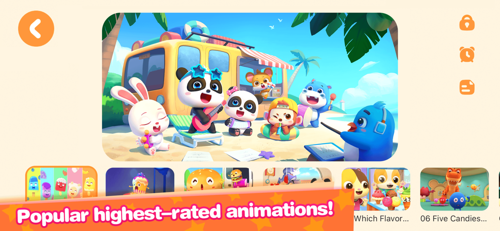 Baby Panda's Play-BabyBus - Kiki the panda and friends playing music on a beach in the BabyBus app
