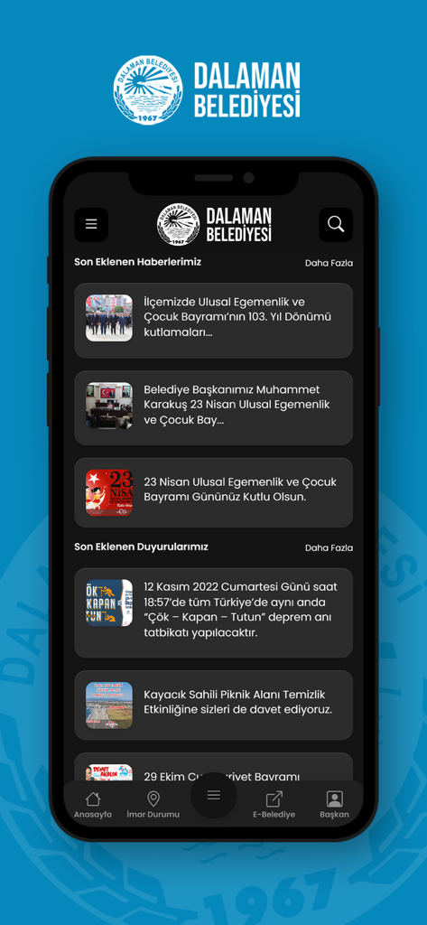 Dalaman Belediyesi - Dalaman Municipality mobile app home screen featuring news and announcements sections