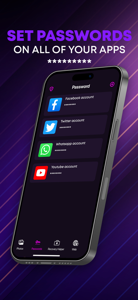 ReFile: Recovery All - ソーシャルメディアアカウント用のReFile Recovery Allアプリのパスワードマネージャー機能を表示するスマートフォンの画面。