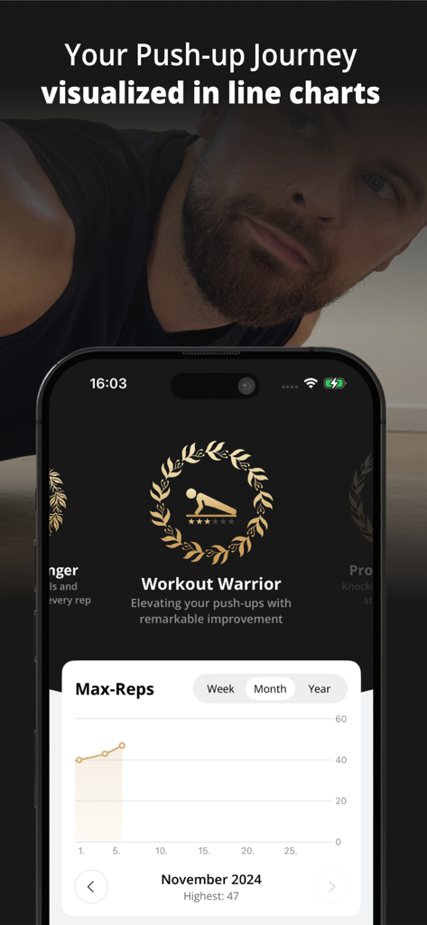 GOLDEN Push Up Pushup Tracker - La interfaz de la aplicación GOLDEN Push Up muestra un gráfico de líneas de repeticiones máximas y una insignia de logro 'Workout Warrior'.