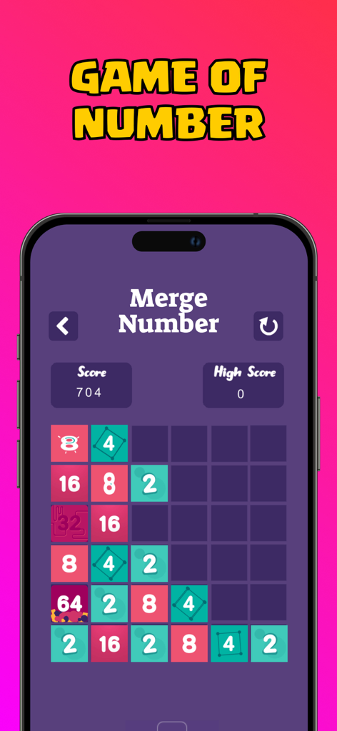 Mini Games - Game Pack - Merge Number puzzle game interface with a grid of colorful numbered tiles on a purple background