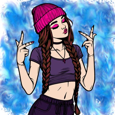 realistic teenage girl with braids and a beanie and crop top doing 🫶🏼