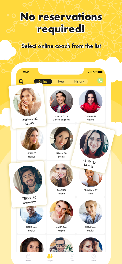 FunnyTalk - A list of international language coaches available for immediate chat on the FunnyTalk app