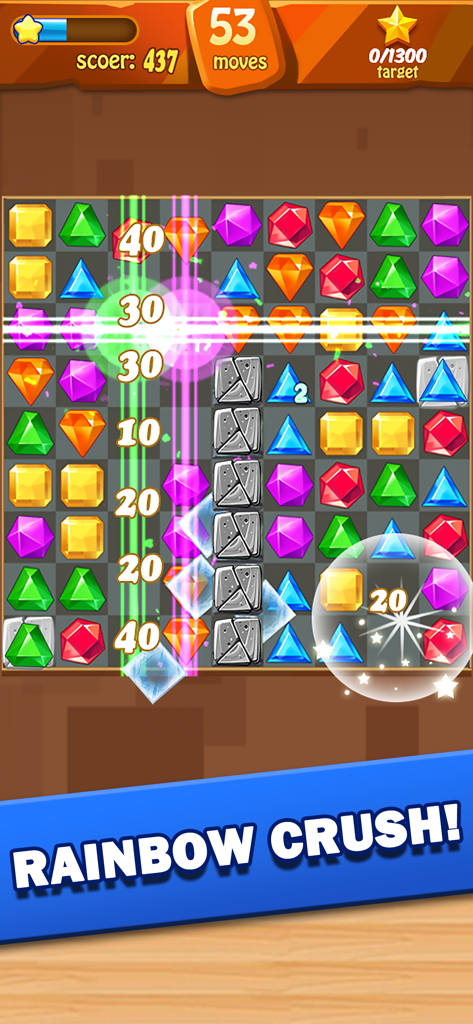 Captura de pantalla del juego Jewel Fever que muestra un combo de 'Rainbow Crush' con efectos brillantes y gemas coloridas en una cuadrícula.