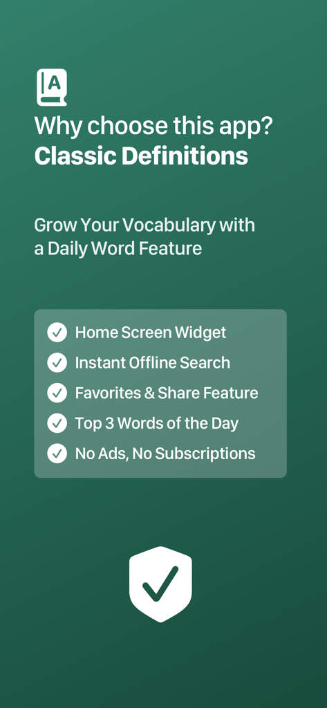 1828 Dictionary - Webster's - Overview of 1828 Webster's Dictionary app features showing offline search and no ads