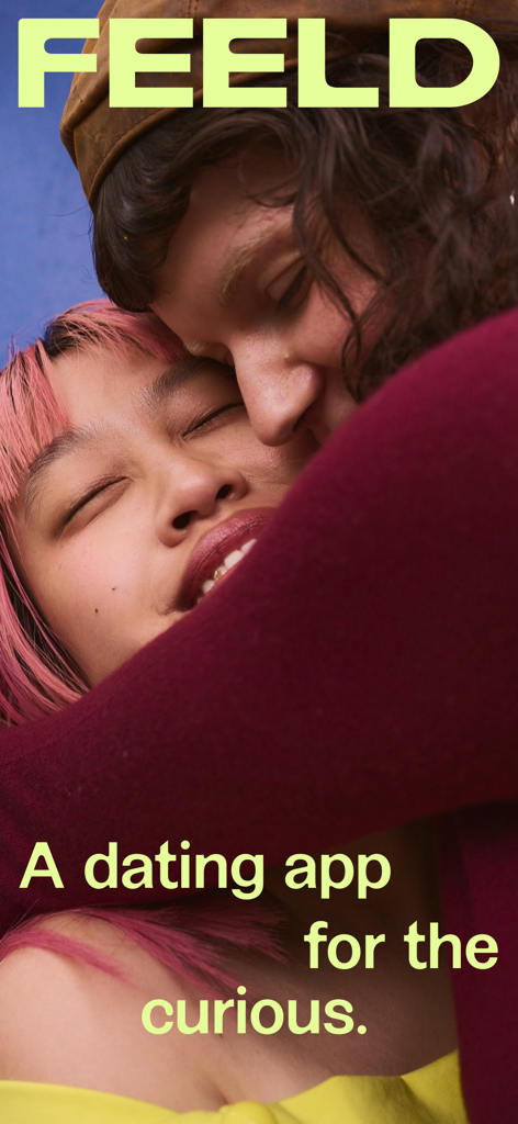 Feeld: Open-Minded Dating App - Due persone che si abbracciano con il logo Feeld e lo slogan Un'app di incontri per i curiosi