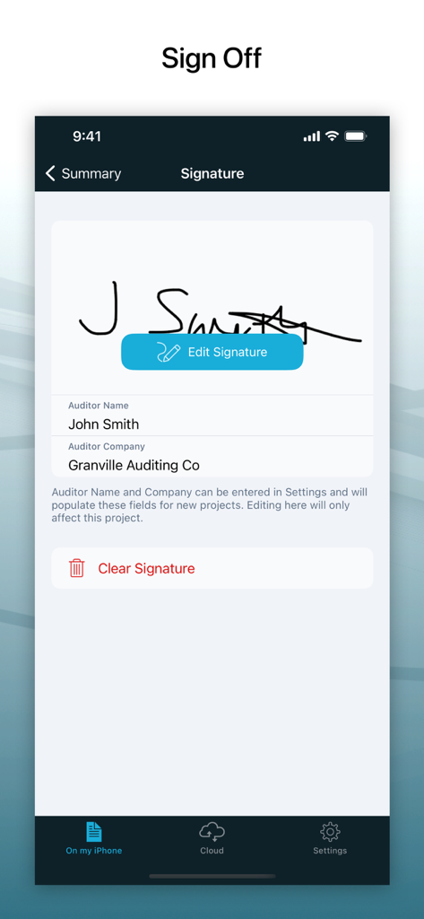 Site Audit Pro - A digital signature capture screen for auditor sign off in the Site Audit Pro app.