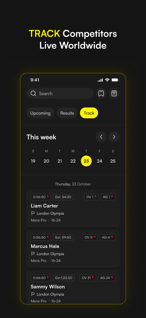 ROXFIT Mobile App-Oberfläche, die die Echtzeitverfolgung von Athletenergebnissen und Ranglisten während eines Hybrid-Fitnesswettkampfs zeigt.