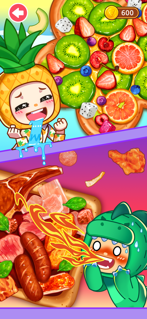 Pizza Games for kids - Reações engraçadas de personagens a pizzas doces e picantes em um jogo de culinária para crianças