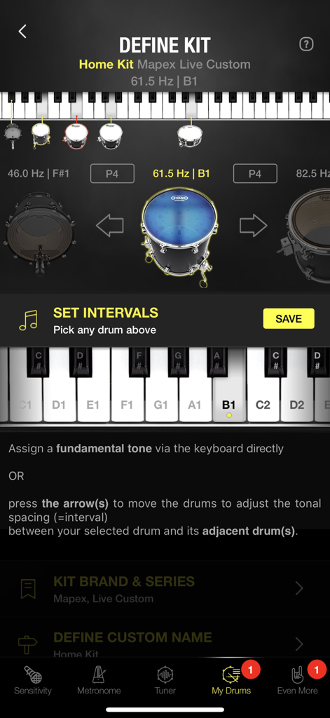 Drumtune PRO | Drum Tuner - Drumtune PRO app interface for defining drum kit intervals and fundamental tones with a piano keyboard