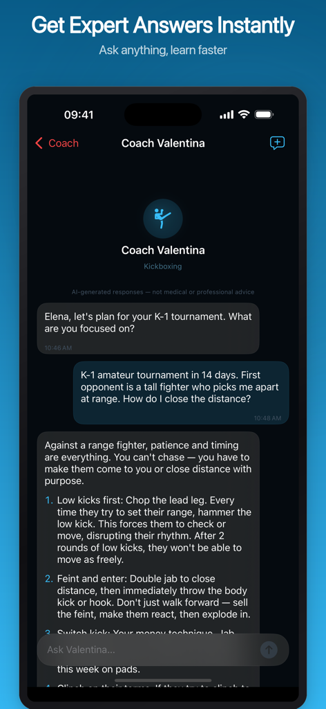 Kickboxing: AI Ring Coach - A mobile app interface showing a conversation with an AI kickboxing coach providing technical fight strategies