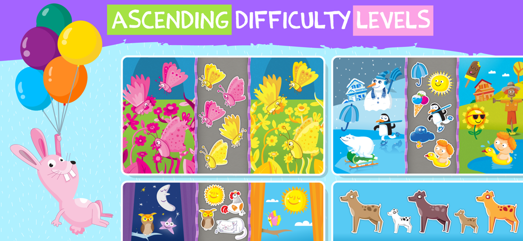 Matching games: toddlers, kids - Pädagogische Minispielbretter für Kleinkinder, die Sortieraufgaben nach Farbe, Größe und Jahreszeit zeigen
