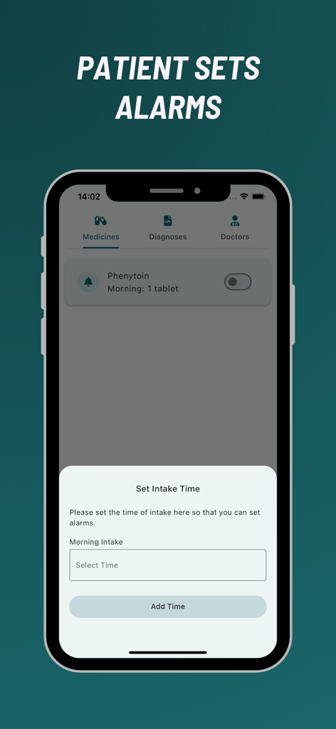 SmartDose app screen where a patient sets a personalized alarm for their medication