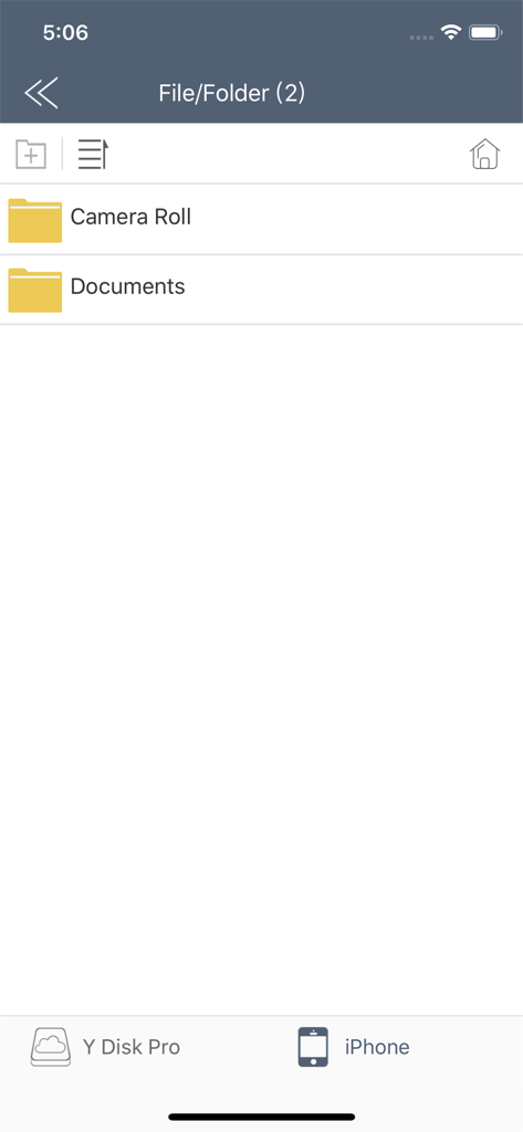 Y Disk Pro app interface displaying camera roll and documents folders for local file management