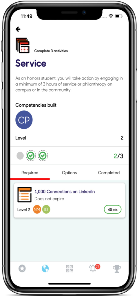 Suitable - Suitable app dashboard showing community service progress and competency points for university students