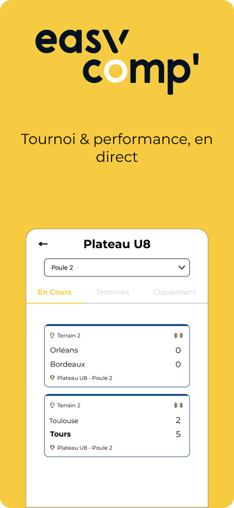 Easy Comp mobile app interface showing live scores and rankings for a youth rugby tournament pool