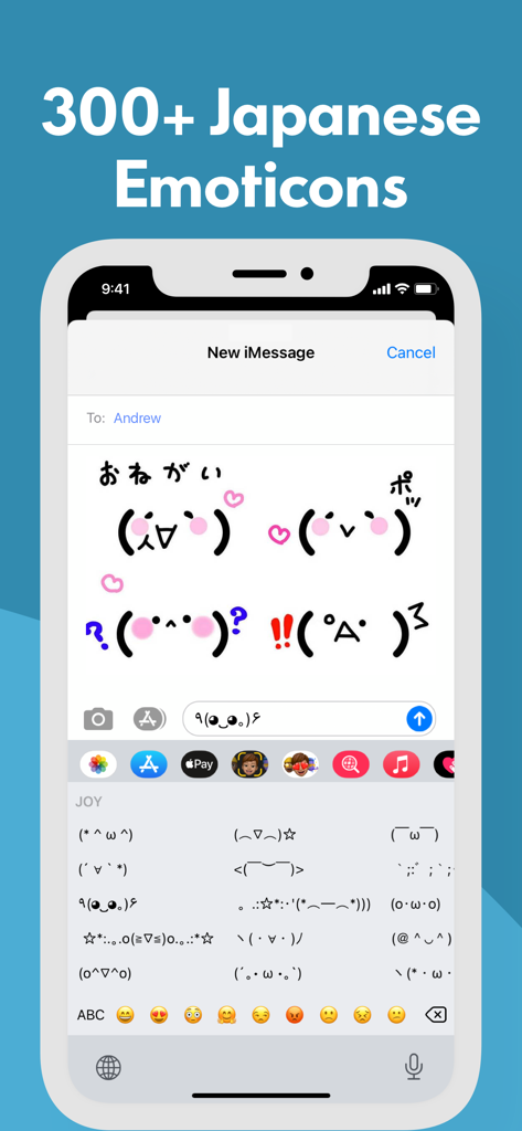 Auto Paste Keyboard Clipboard - Ein Smartphone-Bildschirm zeigt eine benutzerdefinierte Tastatur mit über dreihundert japanischen Kaomoji-Emoticons für Textnachrichten.