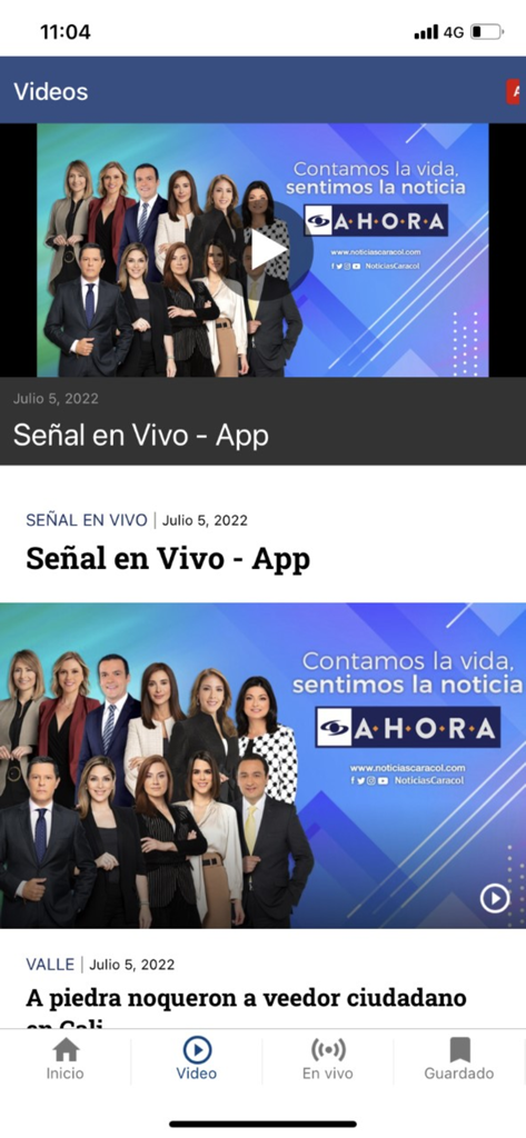 Noticias Caracol mobile app showing live video news and anchors