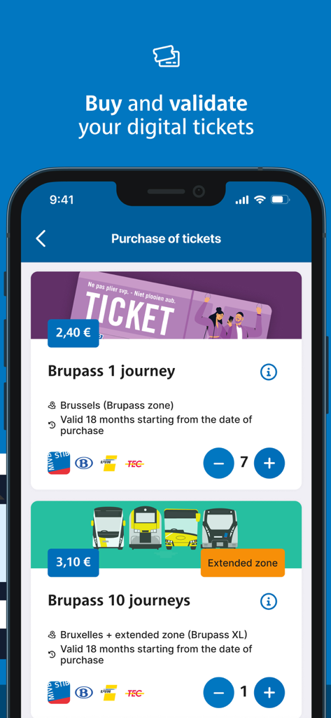 Pantalla de la aplicación móvil que muestra opciones para comprar billetes de transporte Brupass para Bruselas