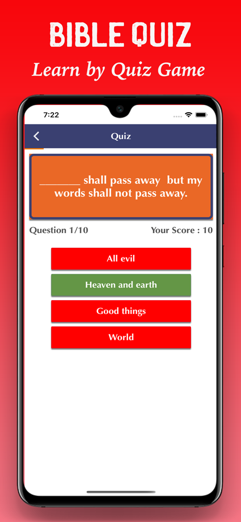 Biblia de Jerusalén Católica - A smartphone screen displaying a multiple choice Bible quiz question