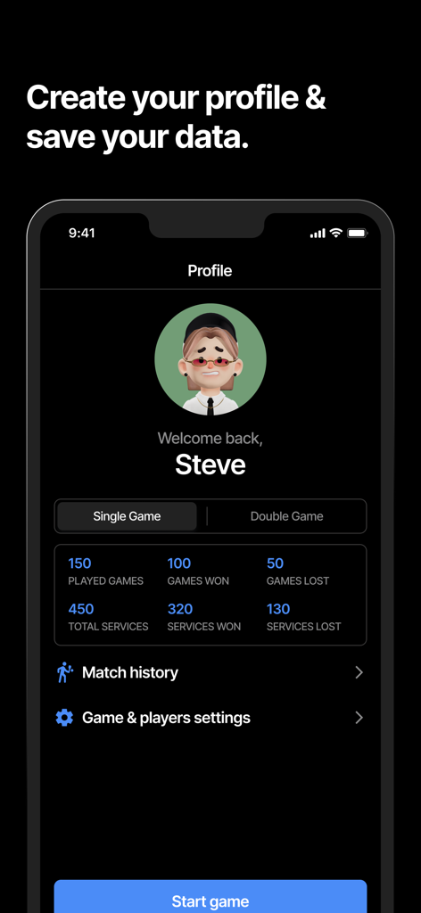 Matchkeeper - Pickleball - User profile screen of Matchkeeper Pickleball app displaying game wins and services statistics.
