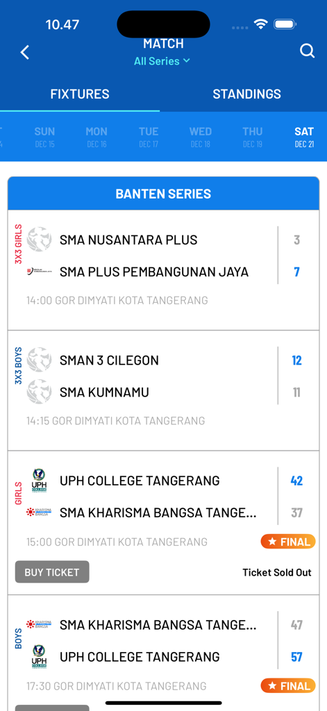DBL Play App-Bildschirm mit Spielplänen für Schülerbasketballspiele und Endergebnissen für die Banten-Serie.