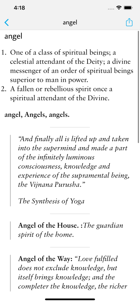 The Incarnate Word - Reading interface of The Incarnate Word app displaying spiritual definitions and quotes for the word angel