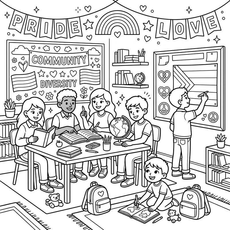 Ignite creativity with this heartwarming coloring page featuring children learning in a classroom vibrant with Pride Month celebrations. Discover symbols of diversity and community as you bring this educational scene to life with your favorite colors.