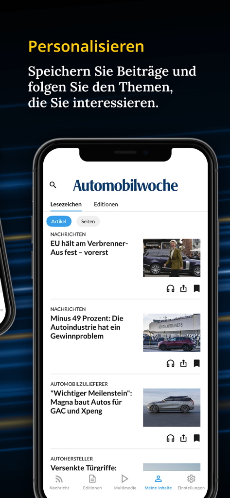 Automobilwoche Nachrichten - Automobilwoche app interface showing a list of automotive industry news with bookmarking and personalization features