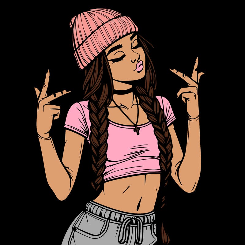 realistic teenage girl with braids and a beanie and crop top doing 🫶🏼