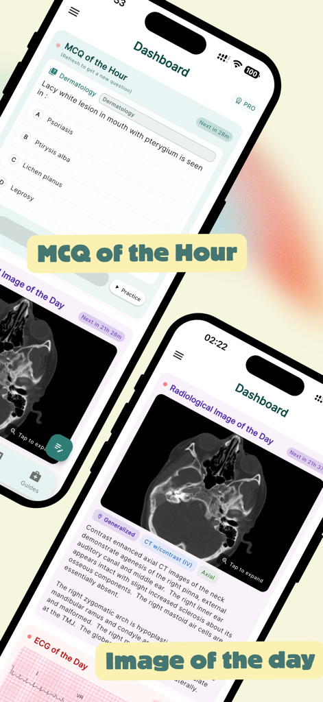 MedDose Pro - MCQs & Diseases - MedDose Pro dashboard showing medical MCQs and radiological images
