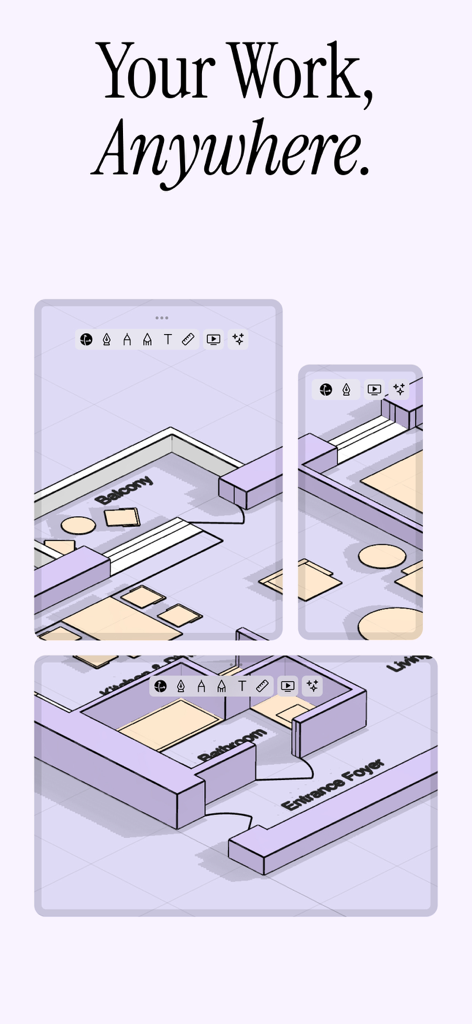 uMake: 3D CAD Modeling, Design - uMake-App zeigt 3D-Innenraum-Grundriss-Design auf verschiedenen mobilen Bildschirmen