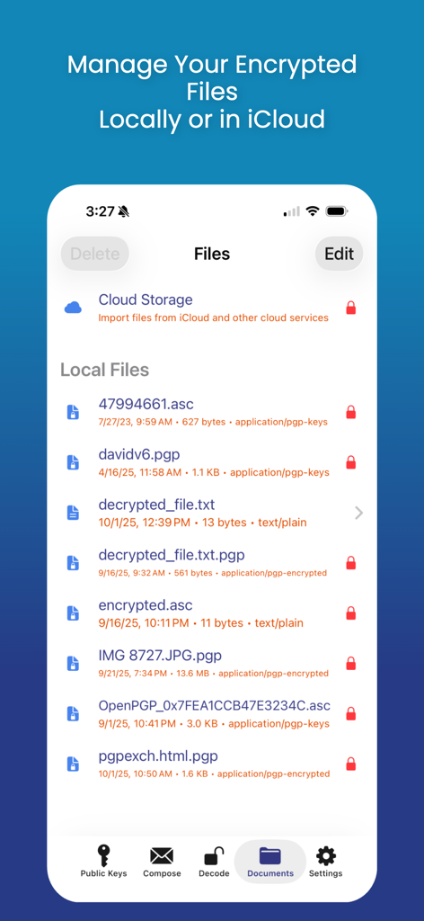 iPGMail - iPGMail interface showing local and cloud storage file management for encrypted PGP files