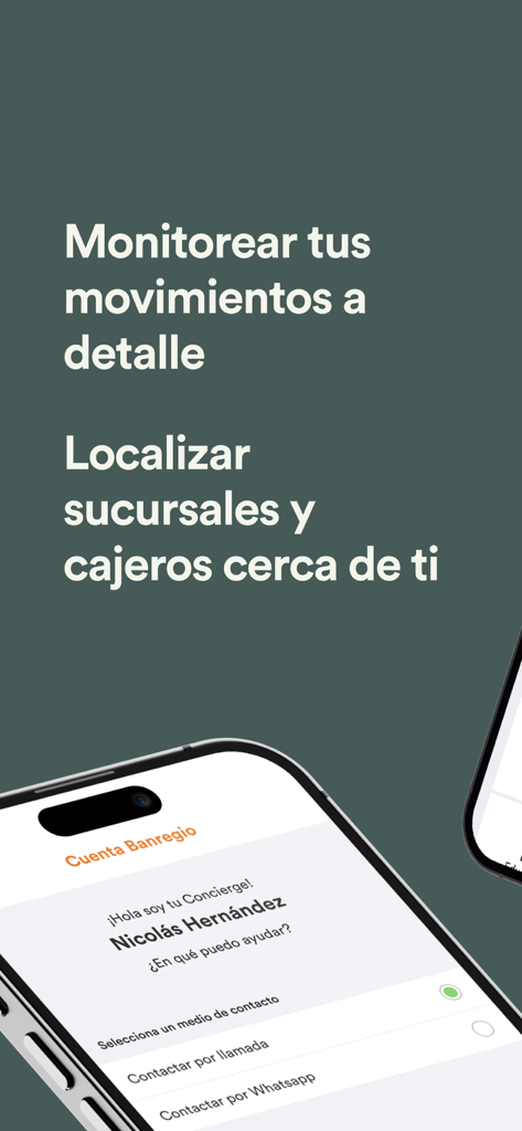 Banregio - Interfaz de la app móvil Banregio mostrando opciones de contacto de conserjería personal y funciones para monitorear transacciones y localizar sucursales.