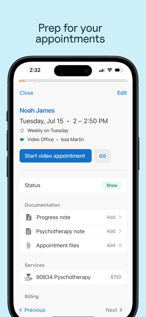 SimplePractice for Clinicians app interface showing client appointment details and options to start a video session.
