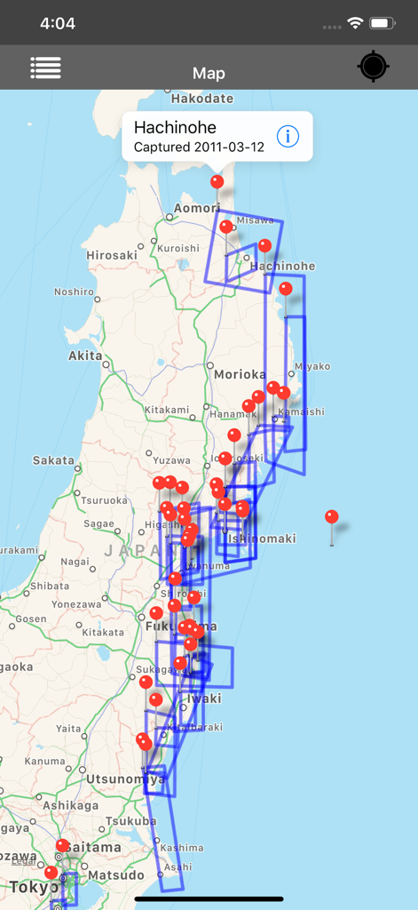 Kml to Kmz-Kmz to Kml app - Screenshot der KML- und KMZ-Viewer-App mit mehreren roten Nadeln und blauen Polygonen auf einer Karte von Japan