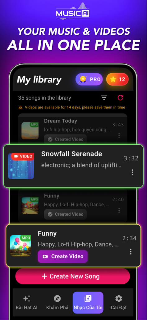 3B Music AI Song Generator - User library screen in 3B Music AI app showing a list of generated songs and videos with a create new song button.