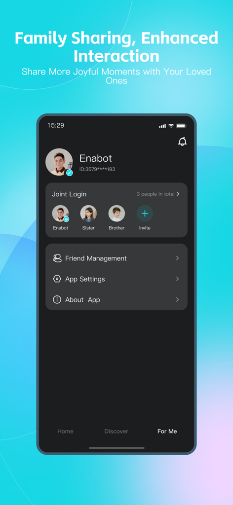 EBO HOME Robot - EBO HOME app profile screen showing family sharing joint login and friend management