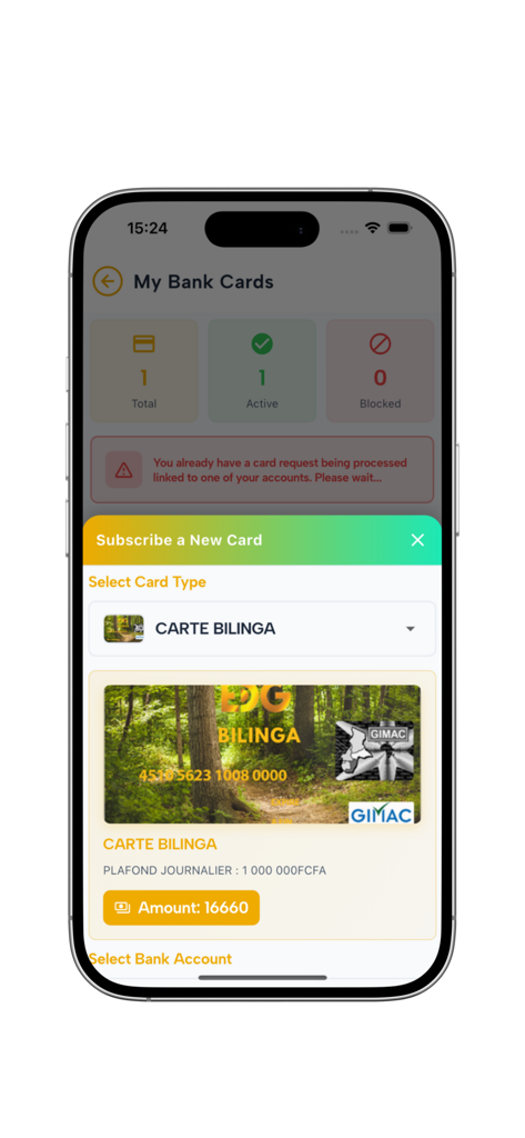 EDG MOBILE-BANK - EDG MOBILE-BANK app screen for managing bank cards and subscribing to the Bilinga card.