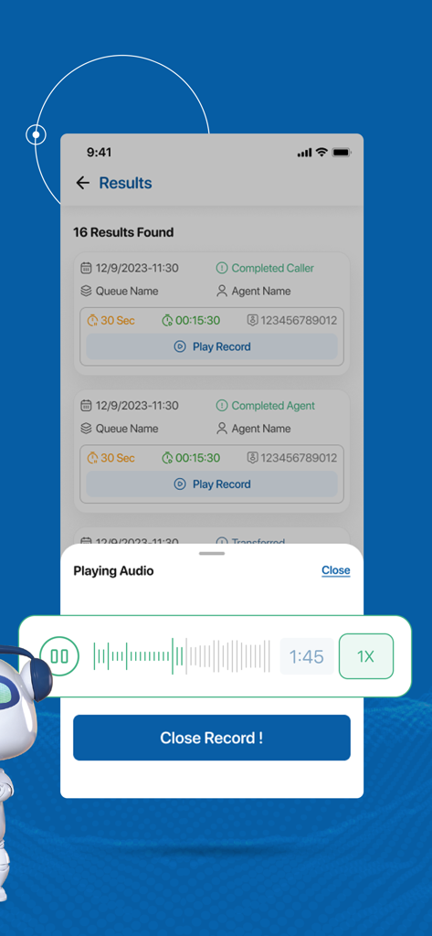 Bevatel Call Center - A smartphone screen displaying call history results and an active call recording playback interface with a waveform audio visualizer.