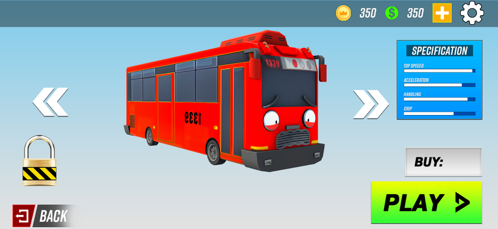 Um autocarro vermelho de desenho animado com olhos mostrado no menu de seleção de jogos com especificações do veículo e botão de jogar.