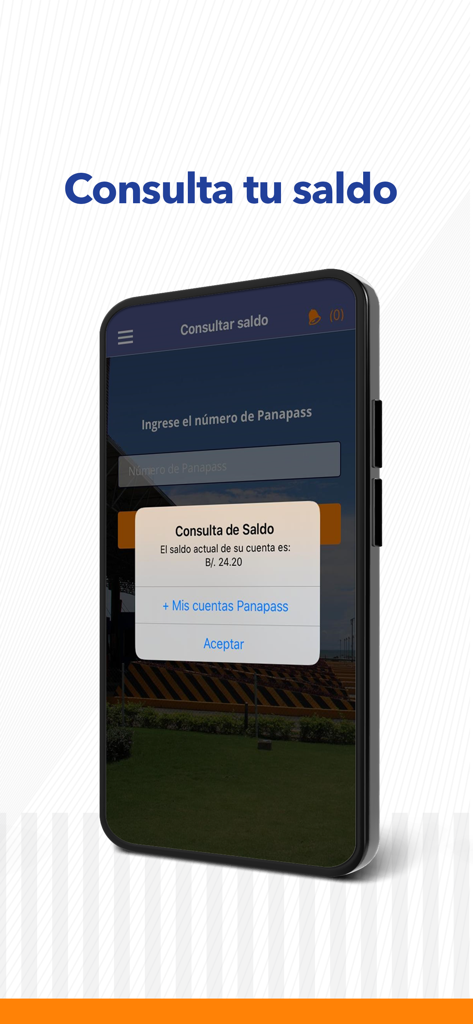 Panapass - Panapass mobile app interface showing a balance inquiry popup with the current account status